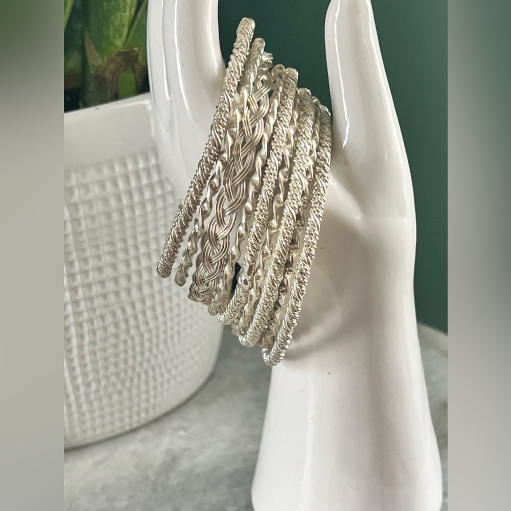 Nine Silver Bangles Assorted Rope, Twist, Braid Designs